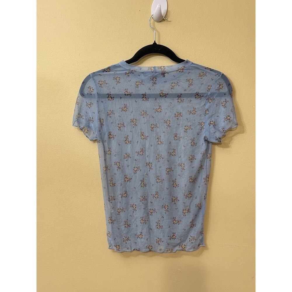Y2K Coquette Sheer Blue Floral Stretch Mesh Lettuce Edge Baby Tee Top Vibe XL - Picture 2 of 6